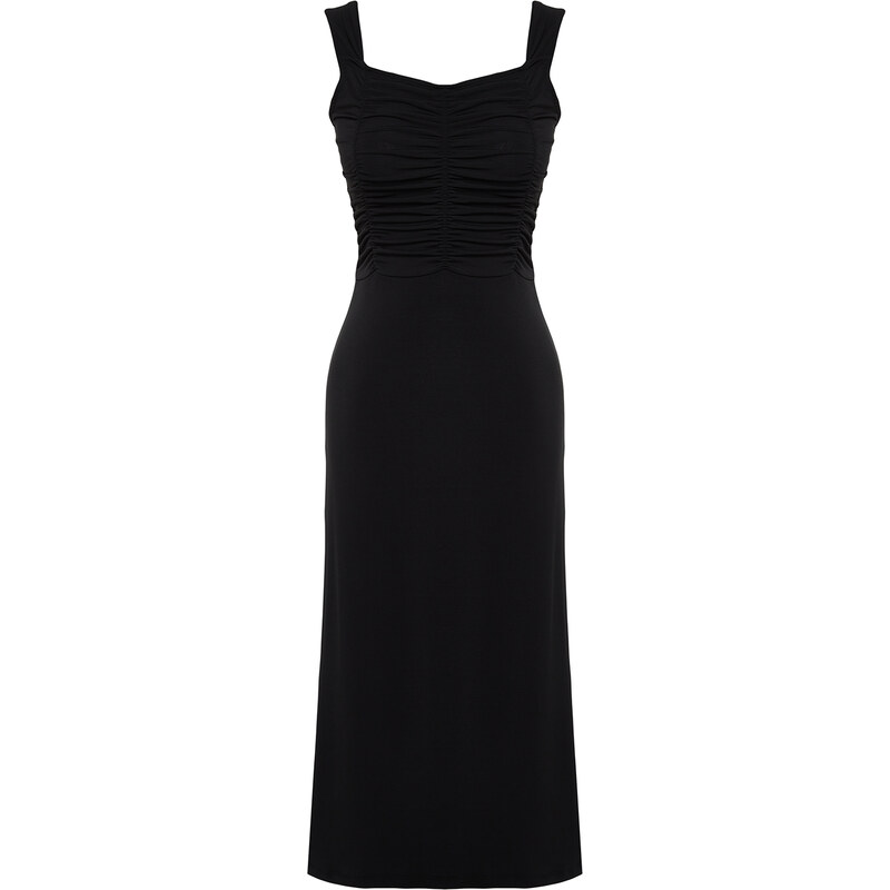 Trendyol Black Sweetheart Neckline Gathered Stretchy Knitted Midi Dress