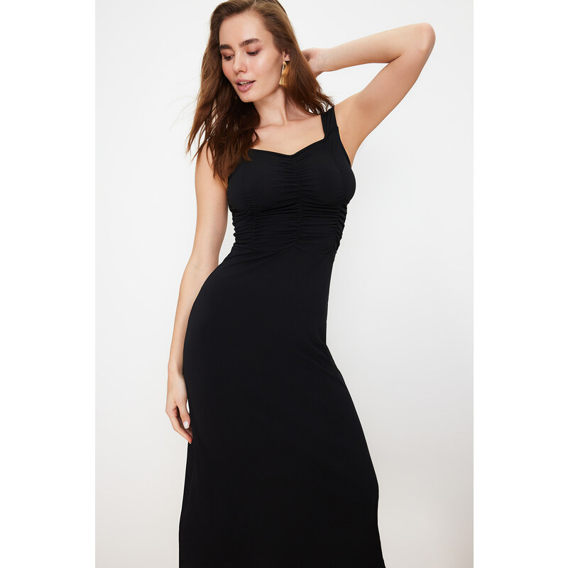 Trendyol Black Sweetheart Neckline Gathered Stretchy Knitted Midi Dress