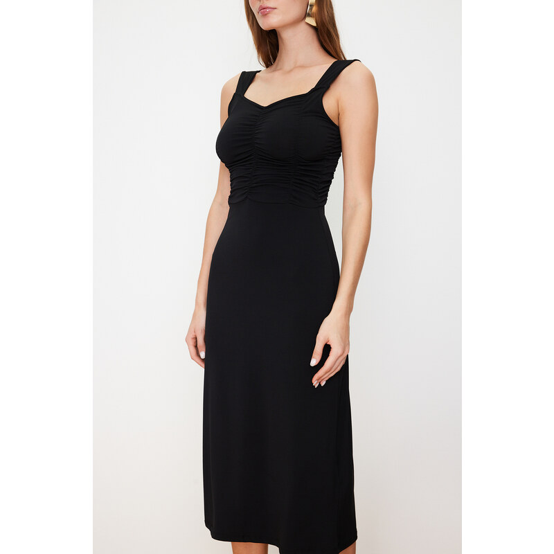 Trendyol Black Sweetheart Neckline Gathered Stretchy Knitted Midi Dress