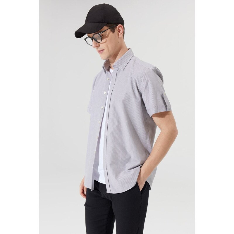 AC&Co / Altınyıldız Classics Men's Grey-white Slim Fit Slim Fit Buttoned Collar Cotton Striped Short Sleeve Shirt