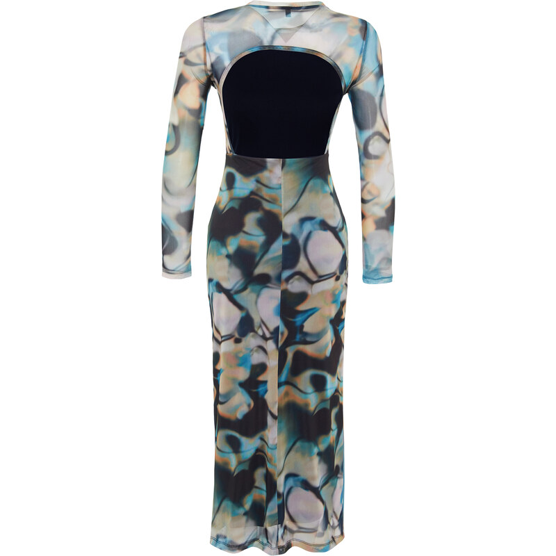 Trendyol Blue Decollete Decollete Long Sleeve Printed Tulle Stretch Knitted Dress