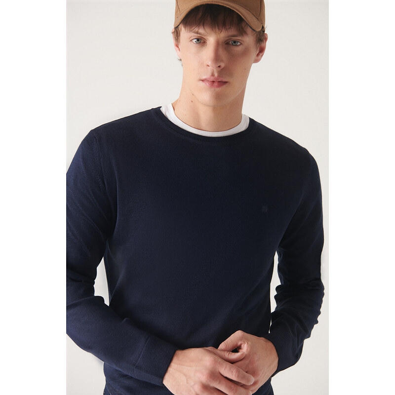 Avva Men's Navy Blue Crew Neck Wool Blend Standard Fit Regular Cut Knitwear Sweater