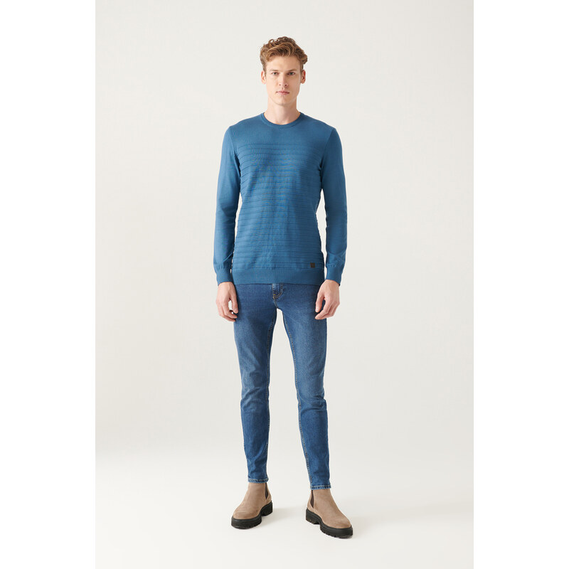 Avva Men's Indigo Crew Neck Knit Detail Cotton Regular Fit Knitwear Sweater