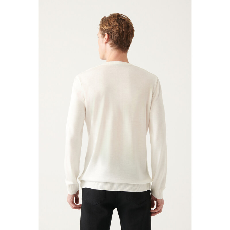 Avva Men's White Crew Neck Front Textured Regular Fit Knitwear Sweater