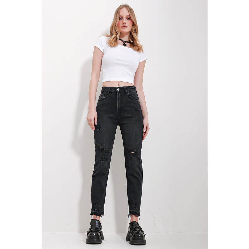 Trend Alaçatı Stili Women's Black High Waist Pocket Mom Jeans