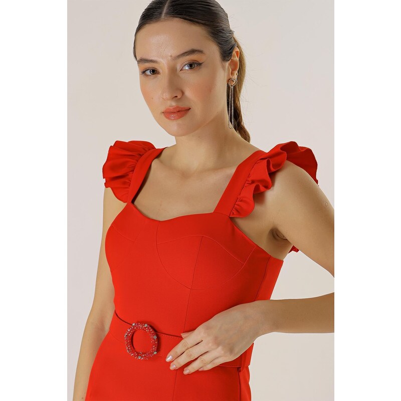 By Saygı Frilled Straps Glop Detail Lined Crepe Dress with Waist Belt