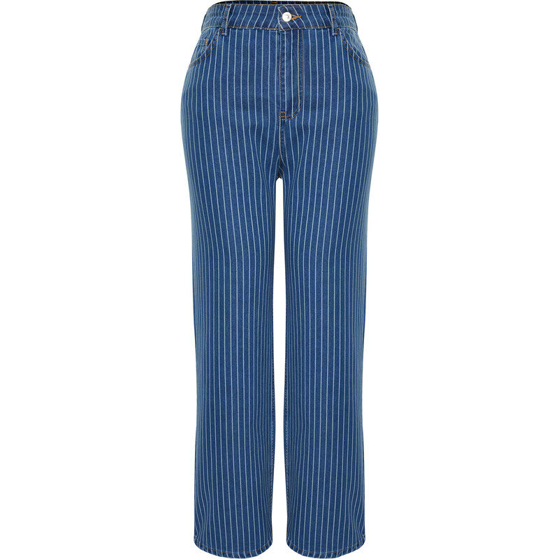 Trendyol Curve Dark Blue Striped Wide Cut Jeans