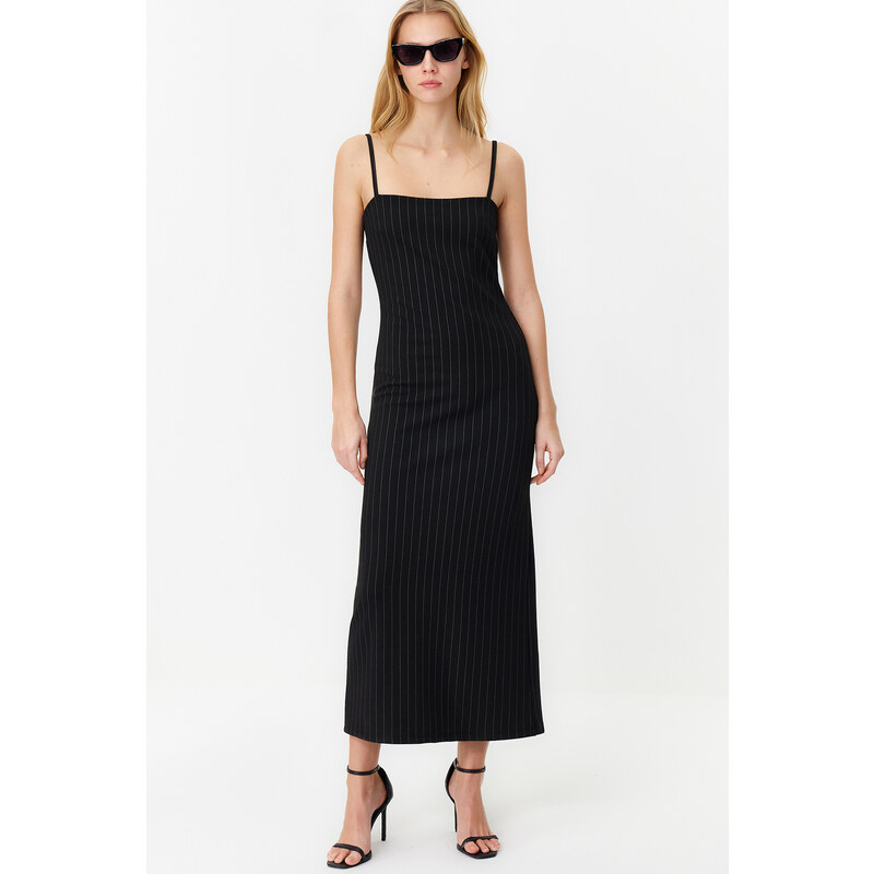 Trendyol Black Striped Strap Bodycone/Crap Knitted Midi Dress