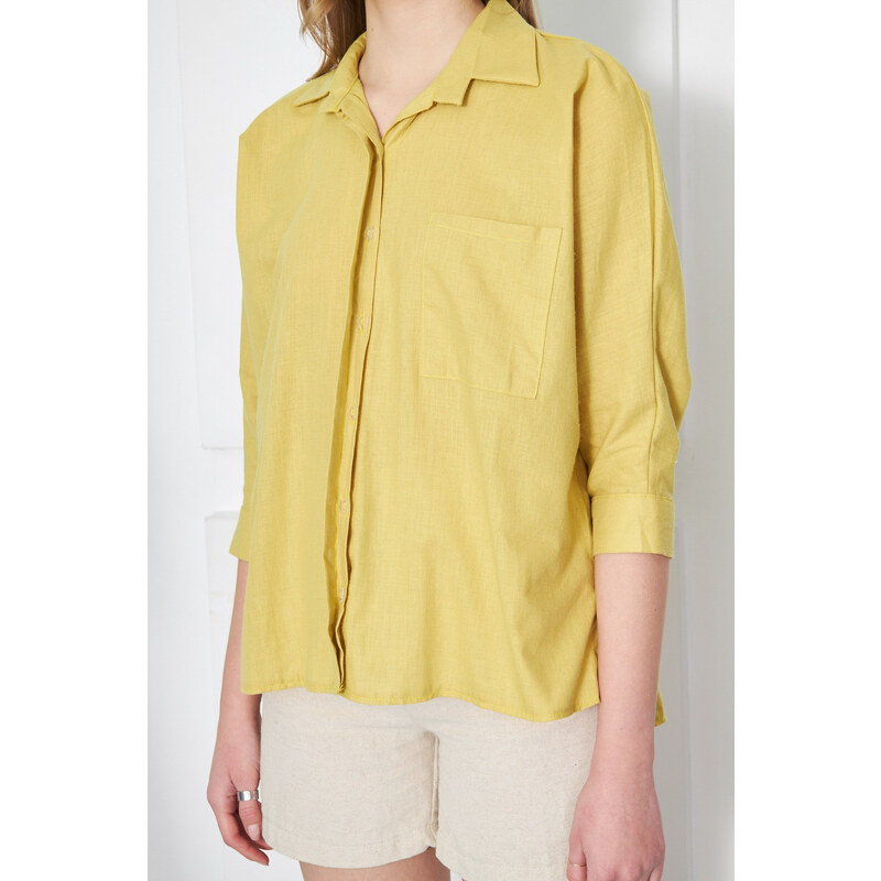 armonika Women's Neon Green Loose Linen Shirt with Pocket