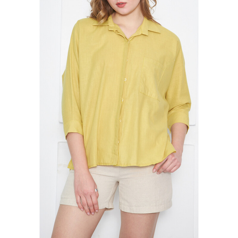 armonika Women's Neon Green Loose Linen Shirt with Pocket