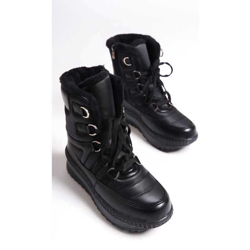 Capone Outfitters Lace-Up Women's Boots with Thick Fur Inside and Zipper