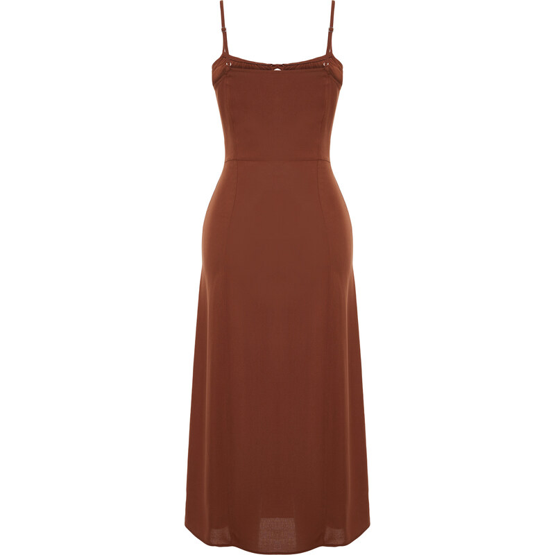 Trendyol Brown A-Line Neck Tie Detail Midi Woven Dress