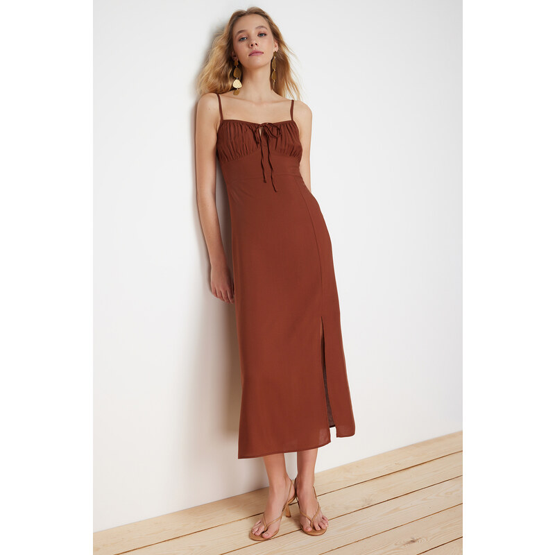 Trendyol Brown A-Line Neck Tie Detail Midi Woven Dress