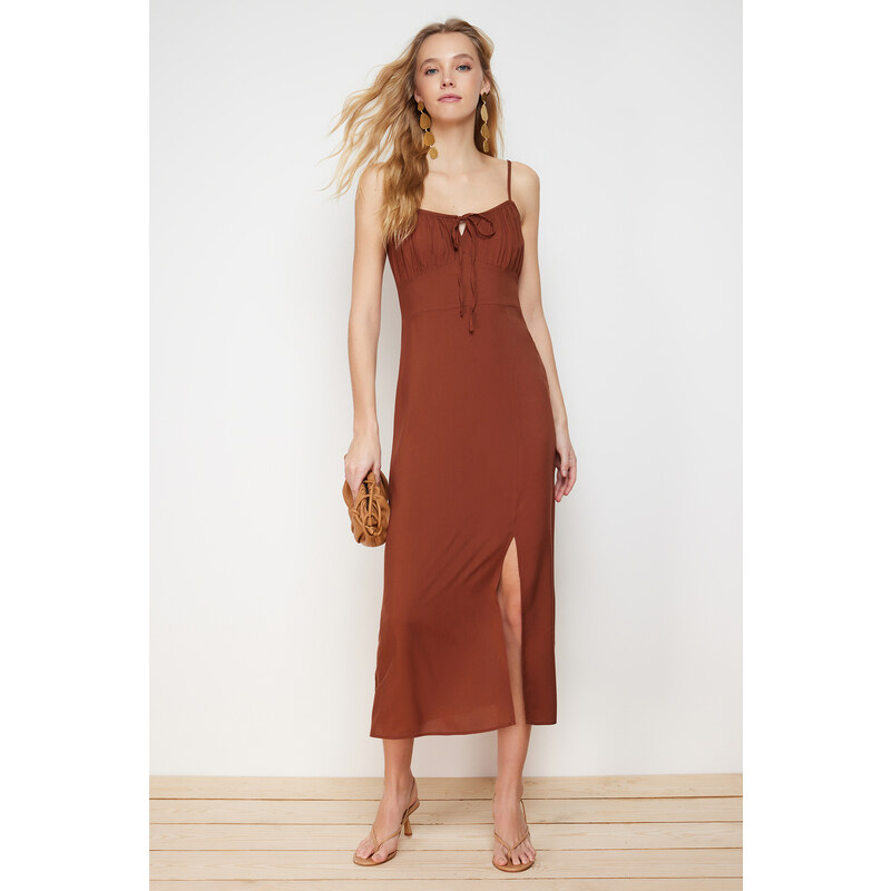 Trendyol Brown A-Line Neck Tie Detail Midi Woven Dress