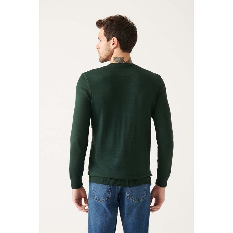 Avva Men's Green Crew Neck Knit Detailed Cotton Regular Fit Knitwear Sweater