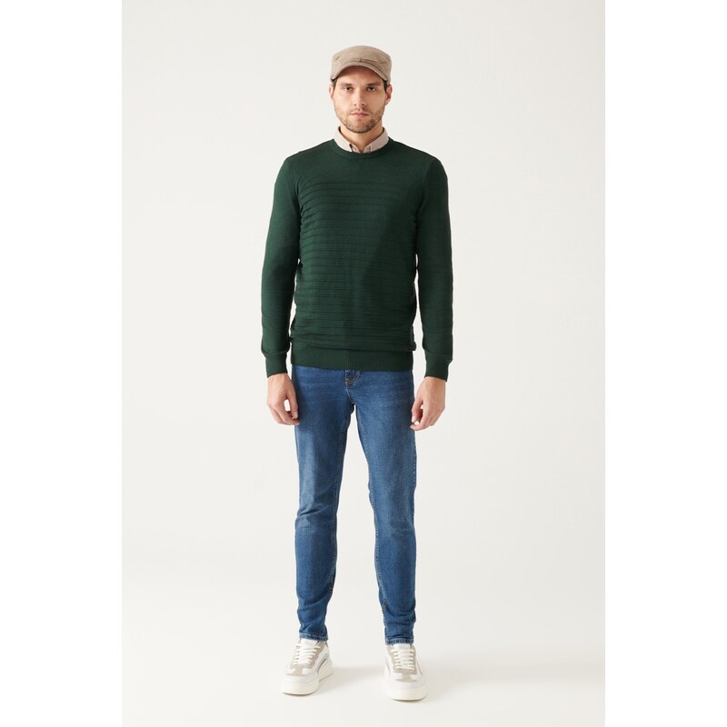 Avva Men's Green Crew Neck Knit Detailed Cotton Regular Fit Knitwear Sweater