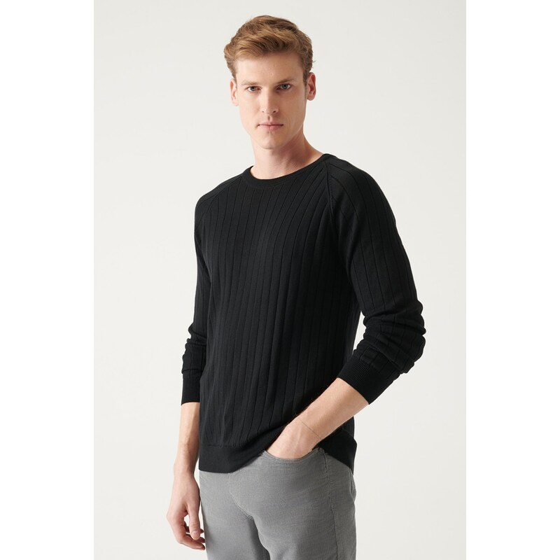 Avva Men's Black Crew Neck Jacquard Slim Fit Slim Fit Knitwear Sweater