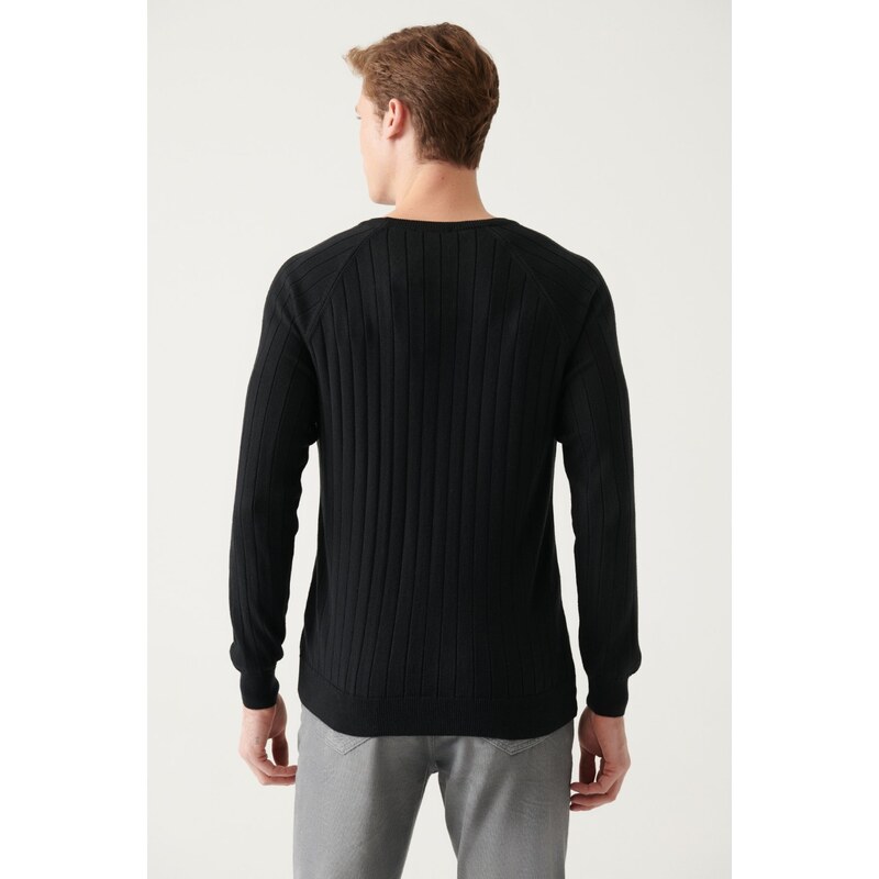 Avva Men's Black Crew Neck Jacquard Slim Fit Slim Fit Knitwear Sweater