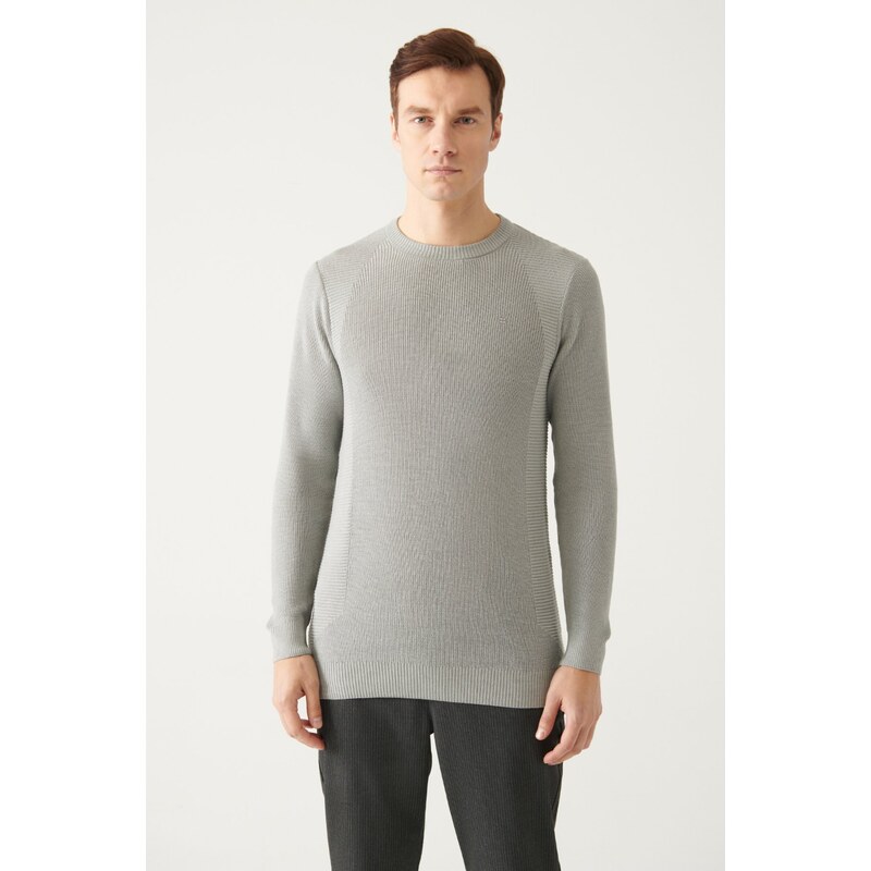 Avva Men's Gray Crew Neck Jacquard Slim Fit Slim Fit Knitwear Sweater