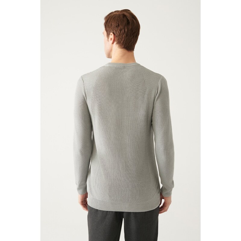 Avva Men's Gray Crew Neck Jacquard Slim Fit Slim Fit Knitwear Sweater