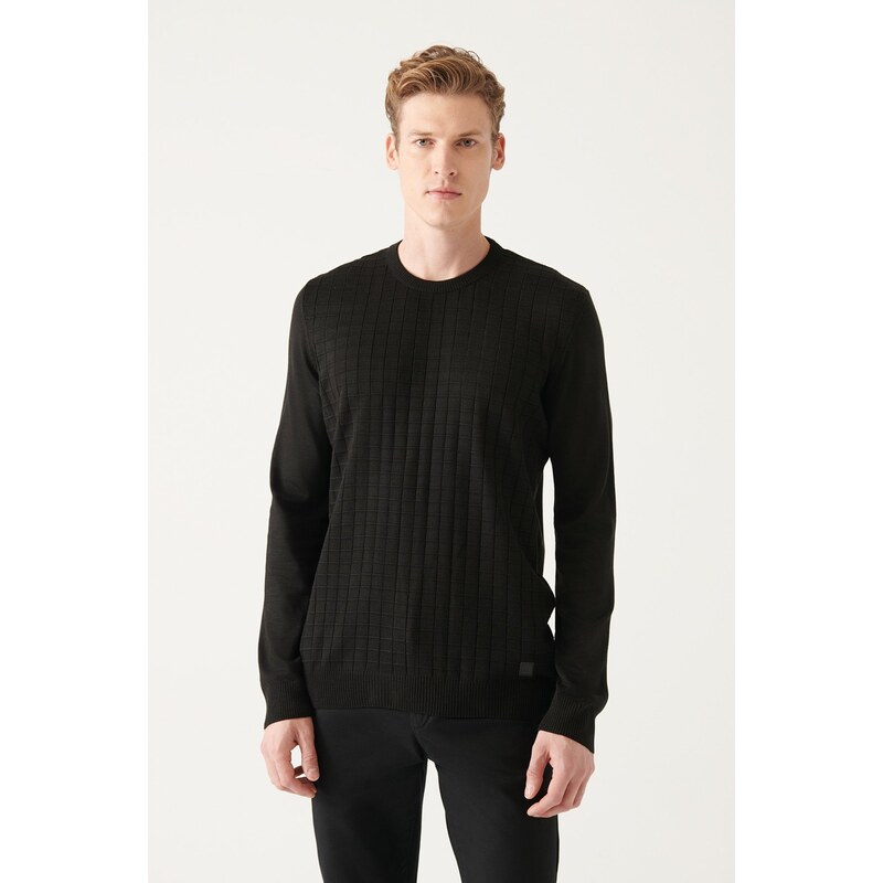 Avva Men's Black Crew Neck Front Textured Regular Fit Knitwear Sweater