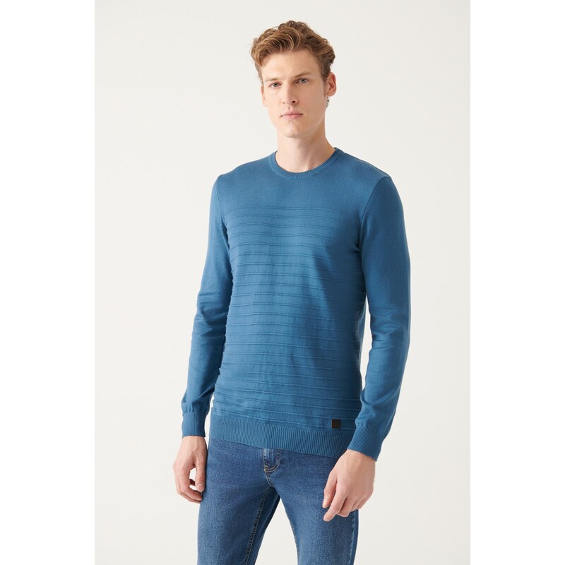 Avva Men's Indigo Crew Neck Knit Detail Cotton Regular Fit Knitwear Sweater