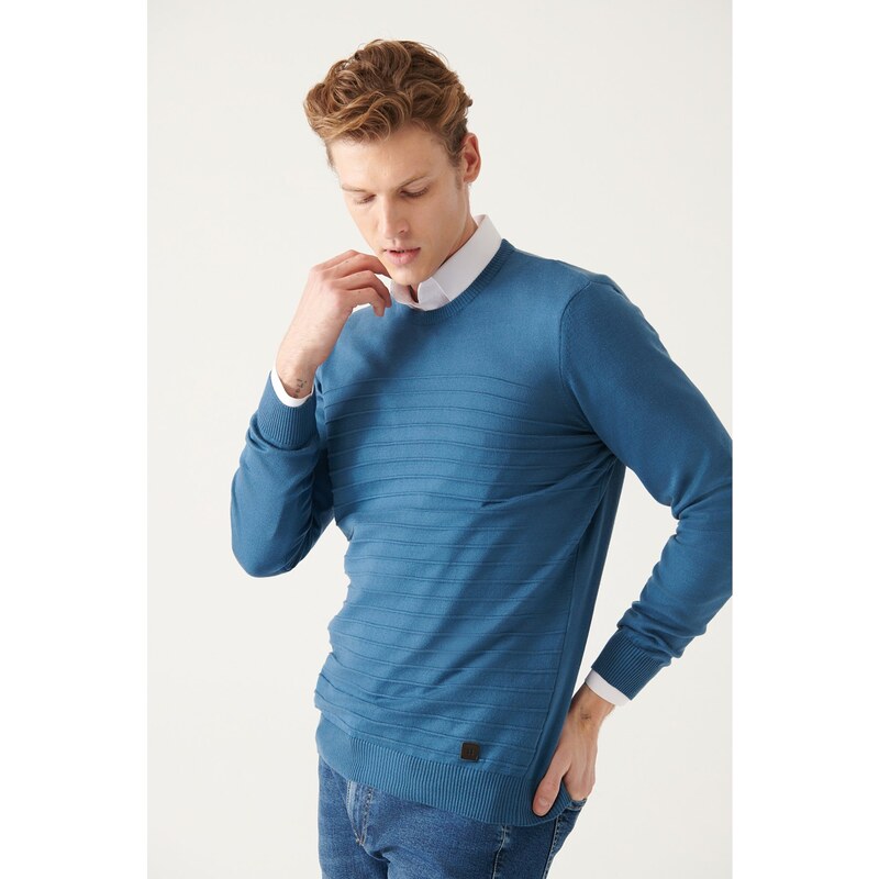 Avva Men's Indigo Crew Neck Knit Detail Cotton Regular Fit Knitwear Sweater