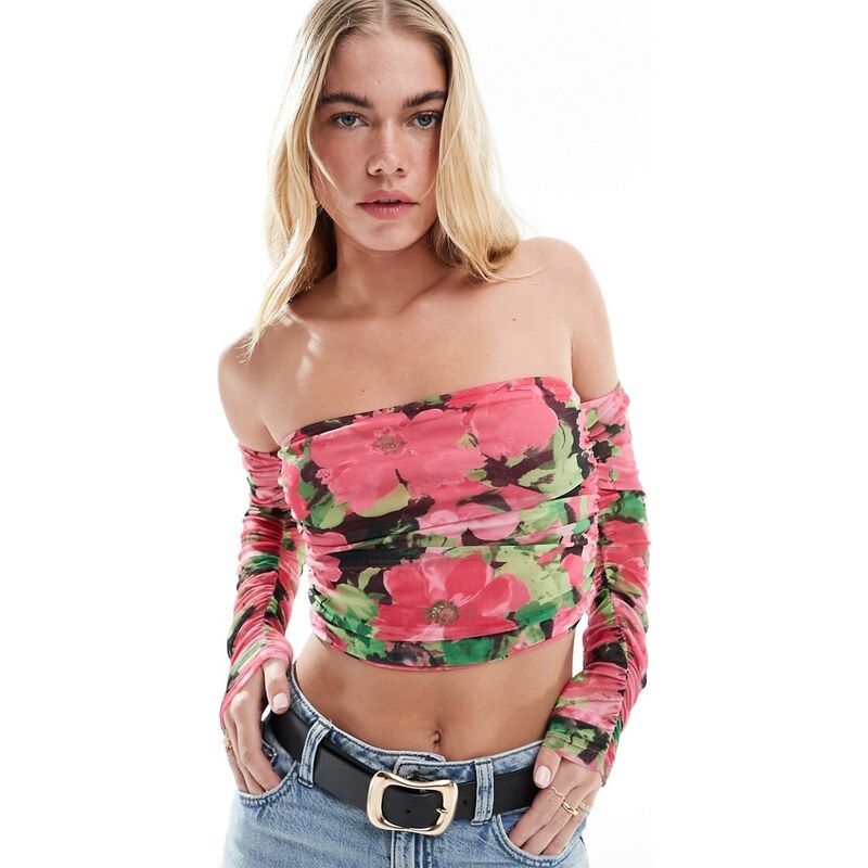 ONLY ruched detail mesh cropped bardot top in multi floral-Black