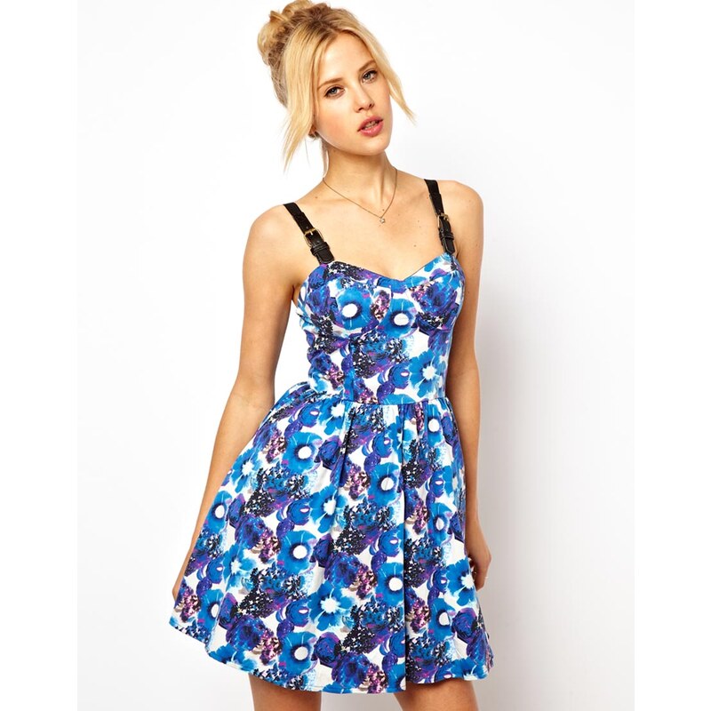 ASOS Premium Floral Cup Skater Dress With Buckle Straps