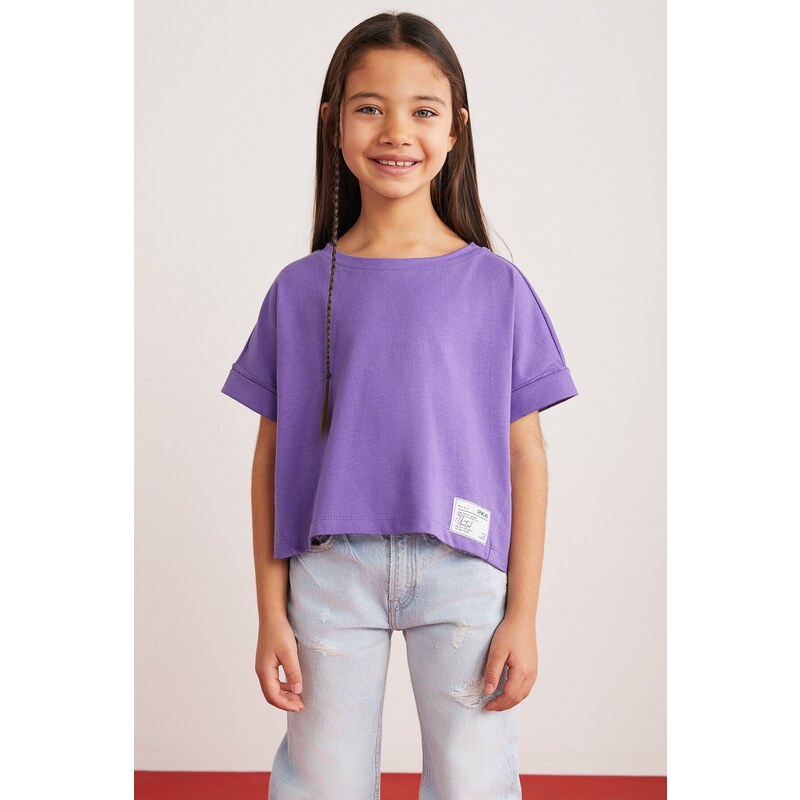 GRIMELANGE Verena Girl's 100% Cotton Double Sleeve Ornamental Label Purple T-shir