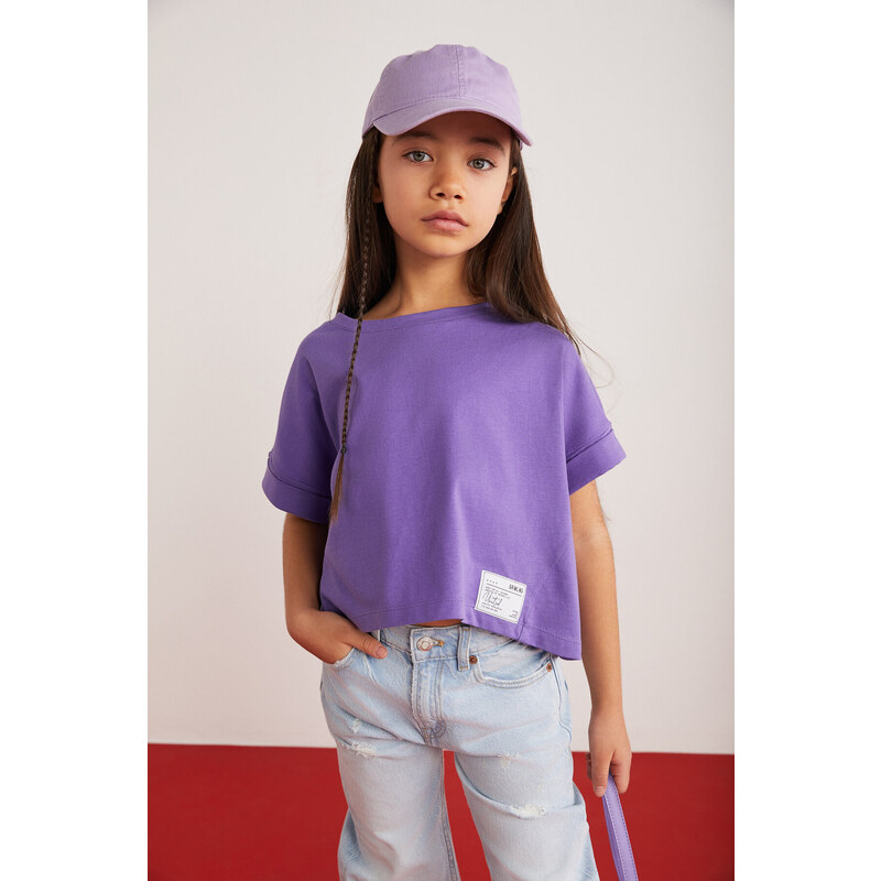 GRIMELANGE Verena Girl's 100% Cotton Double Sleeve Ornamental Label Purple T-shir