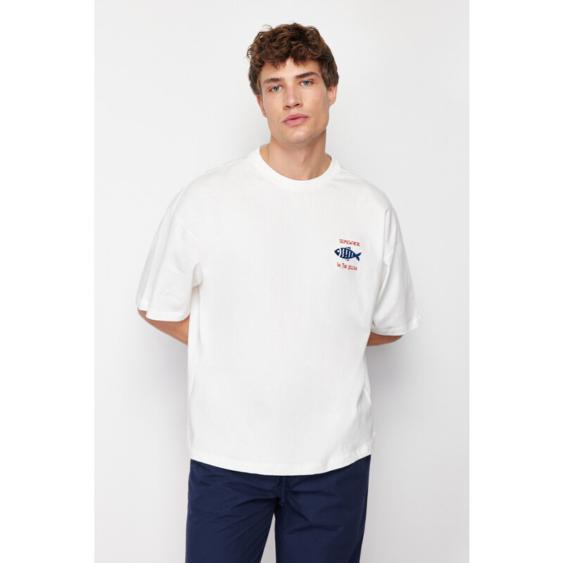 Trendyol Ecru Oversize/Wide-Fit 100% Cotton Velvet Texture Printed T-Shirt