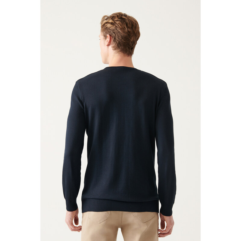 Avva Men's Navy Blue Crew Neck Text Slogan Cotton Regular Fit Knitwear Sweater