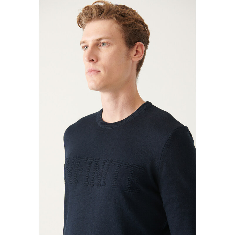 Avva Men's Navy Blue Crew Neck Text Slogan Cotton Regular Fit Knitwear Sweater