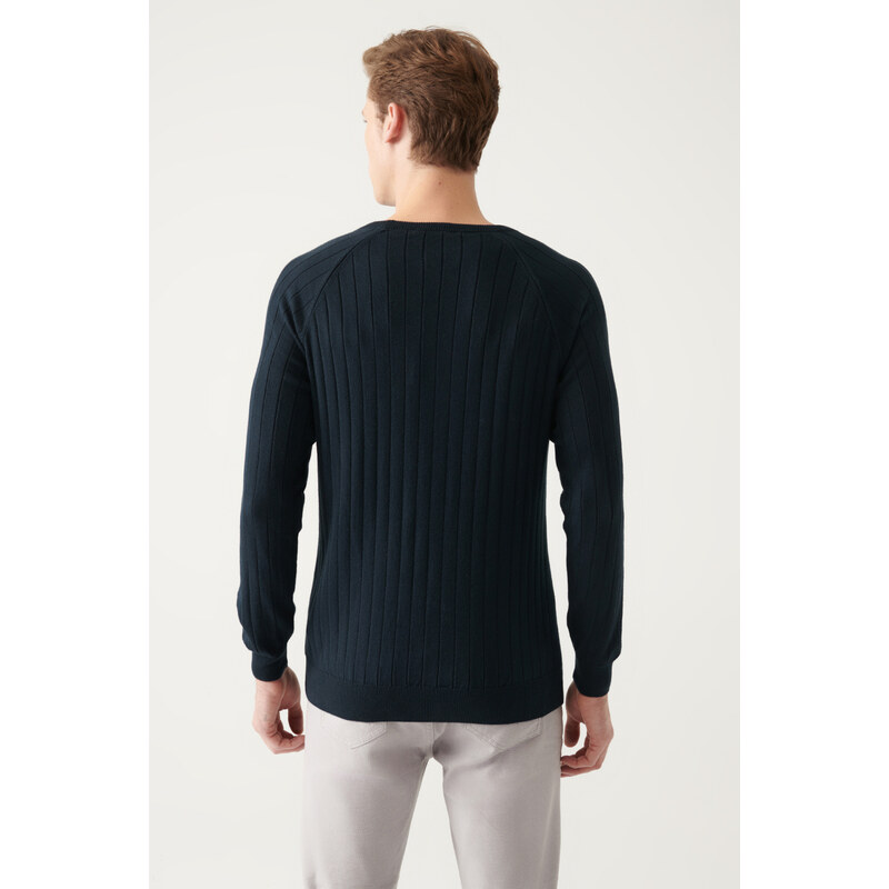 Avva Men's Navy Blue Crew Neck Jacquard Slim Fit Slim Fit Knitwear Sweater