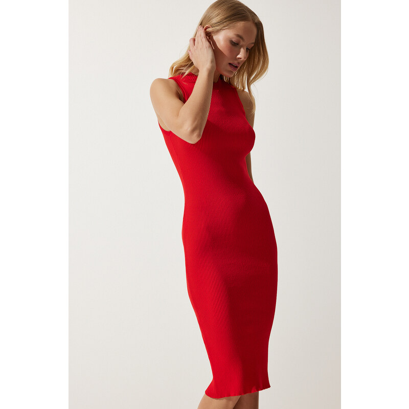 Happiness İstanbul Women's Red Ribbed Saran Knitwear Dress