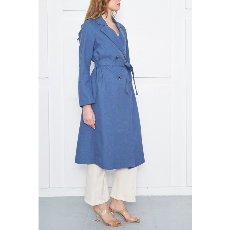 armonika Women's Dark Blue Double Breasted Collar Waist Belted Long Trench Coat