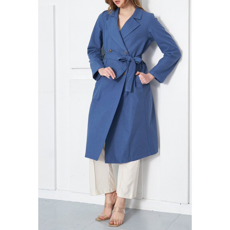 armonika Women's Dark Blue Double Breasted Collar Waist Belted Long Trench Coat