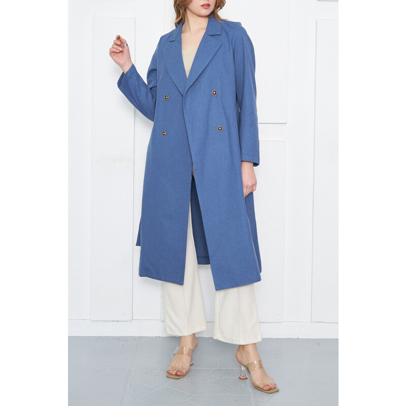 armonika Women's Dark Blue Double Breasted Collar Waist Belted Long Trench Coat