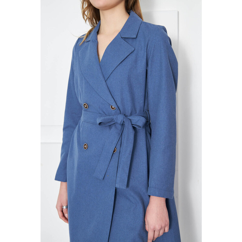 armonika Women's Dark Blue Double Breasted Collar Waist Belted Long Trench Coat