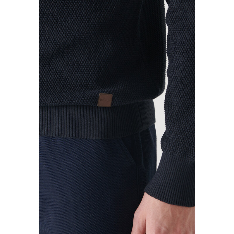 Avva Men's Navy Blue Double Collar Detailed Textured Cotton Regular Fit Knitwear Sweater