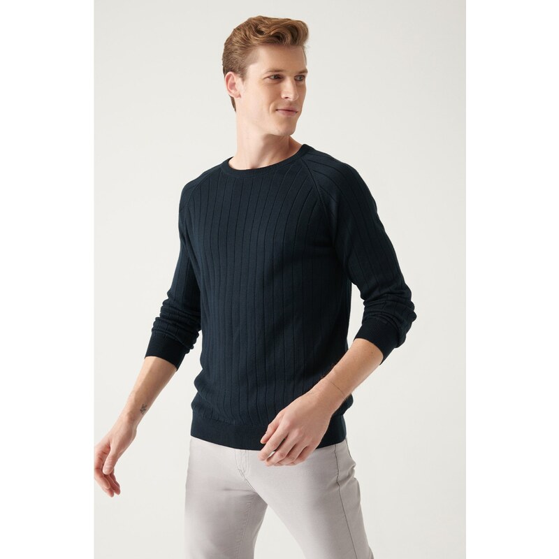 Avva Men's Navy Blue Crew Neck Jacquard Slim Fit Slim Fit Knitwear Sweater