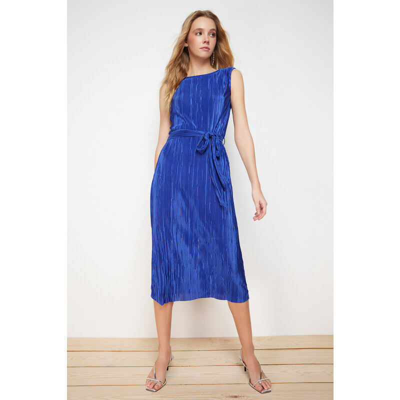 Trendyol Indigo Padded Belted Pleated Knitted Midi Dress