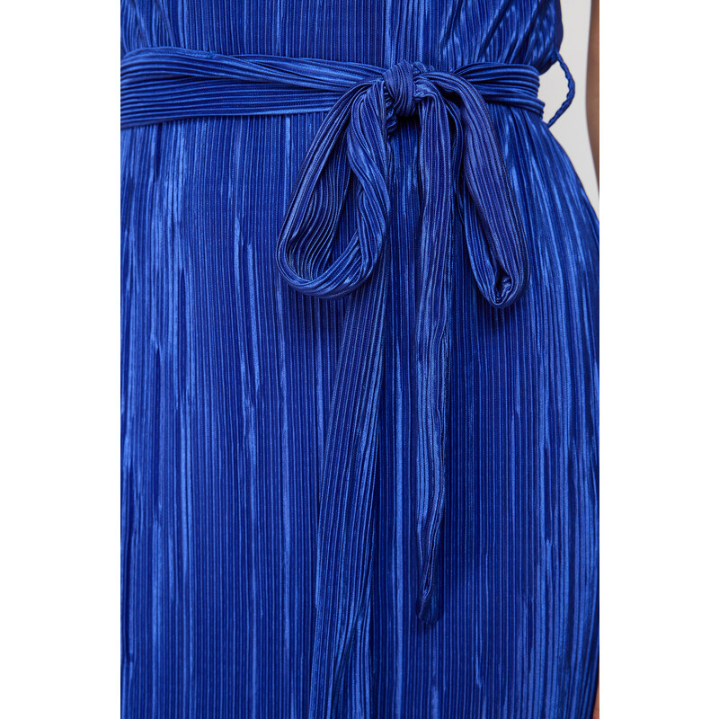 Trendyol Indigo Padded Belted Pleated Knitted Midi Dress