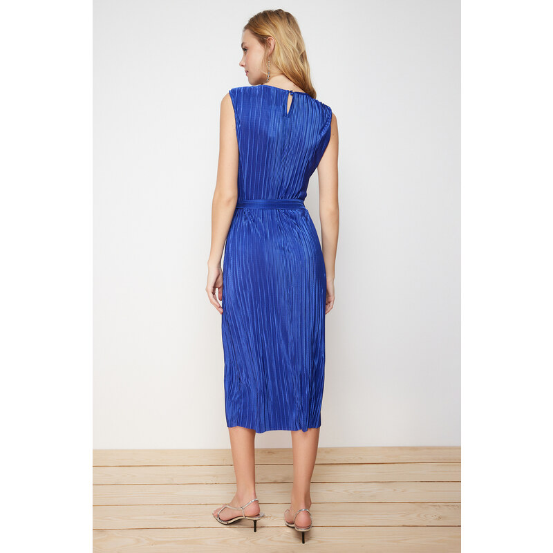 Trendyol Indigo Padded Belted Pleated Knitted Midi Dress