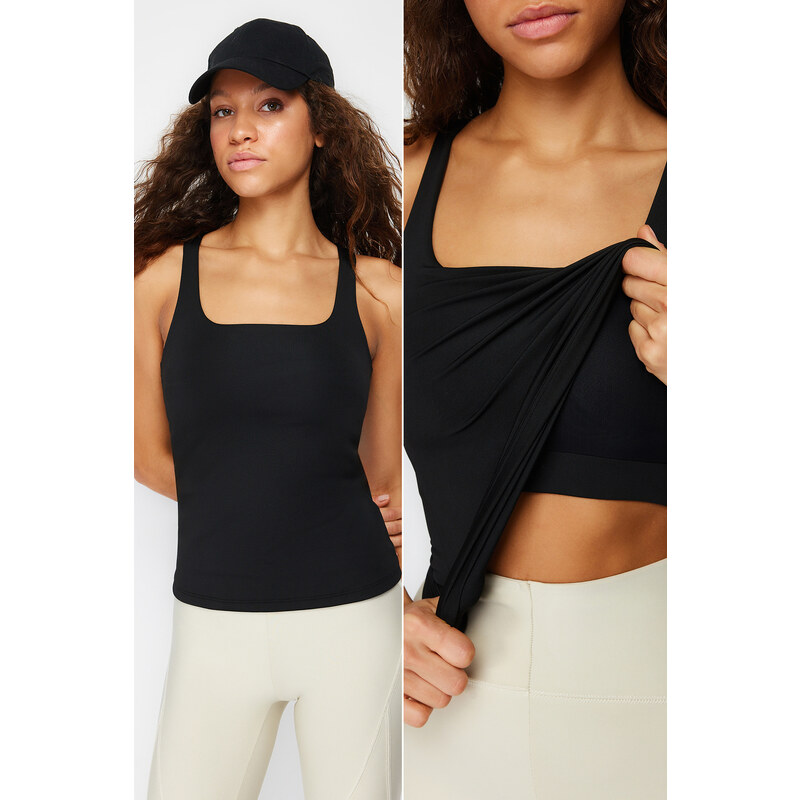 Trendyol Black Compression 2 Layer Padded Sports Bra Square Neck Knitted Sports Top/Blouse