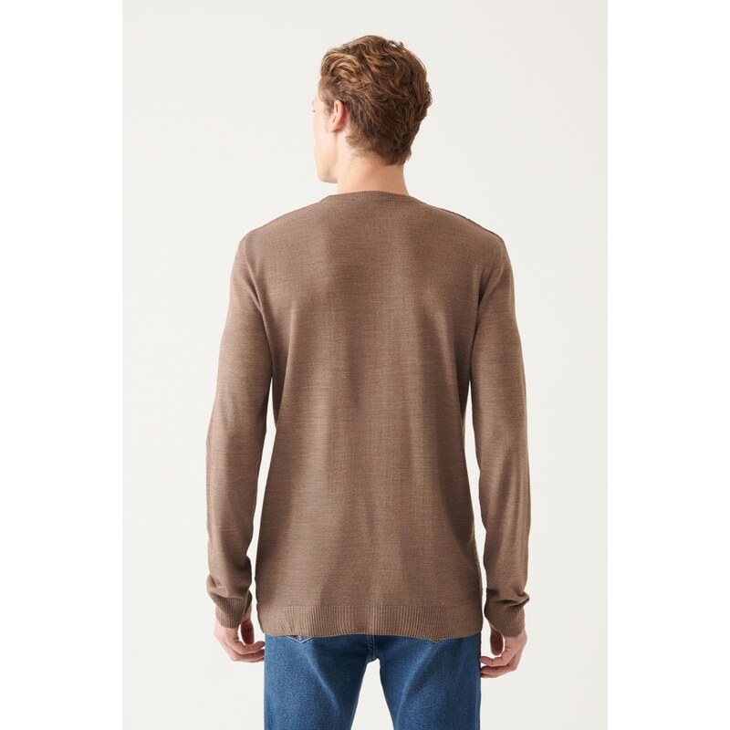 Avva Men's Mink Crew Neck Textured Front Regular Fit Knitwear Sweater