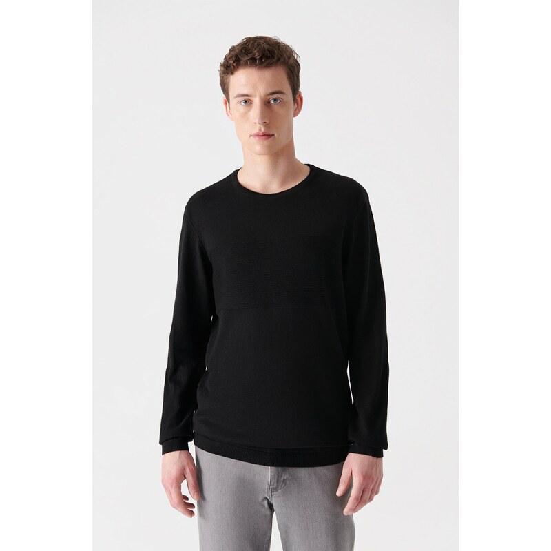 Avva Men's Black Crew Neck Jacquard Sweater