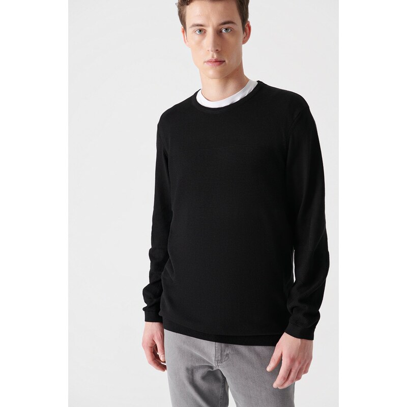 Avva Men's Black Crew Neck Jacquard Sweater