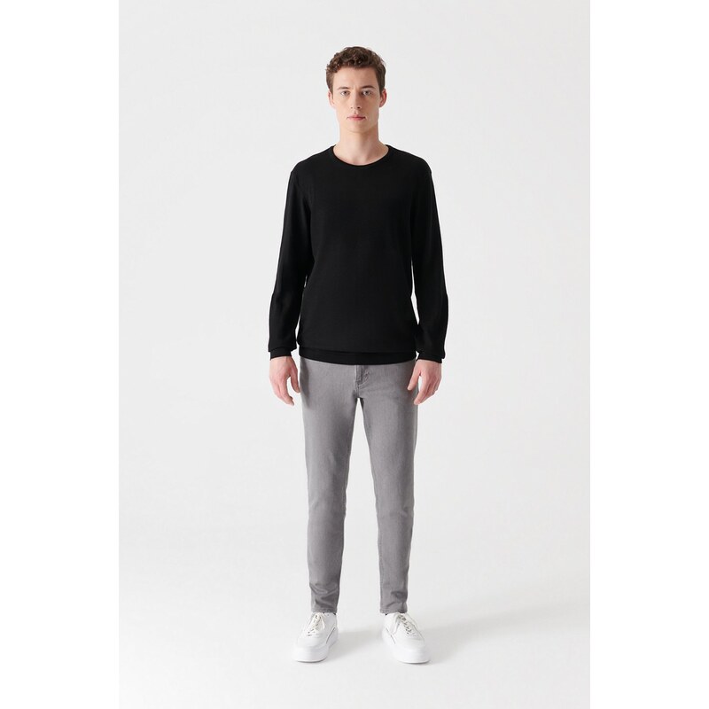 Avva Men's Black Crew Neck Jacquard Sweater